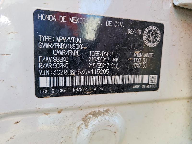 62475146 :رقم المزاد ، 3CZRU6H5XGM115205 vin ، 2016 Honda Hr-v مزاد بيع
