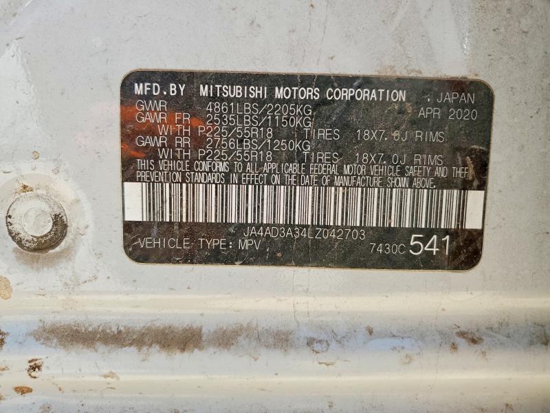 2020 Mitsubishi Outlander მანქანა იყიდება აუქციონზე, vin: JA4AD3A34LZ042703, აუქციონის ნომერი: 59921496