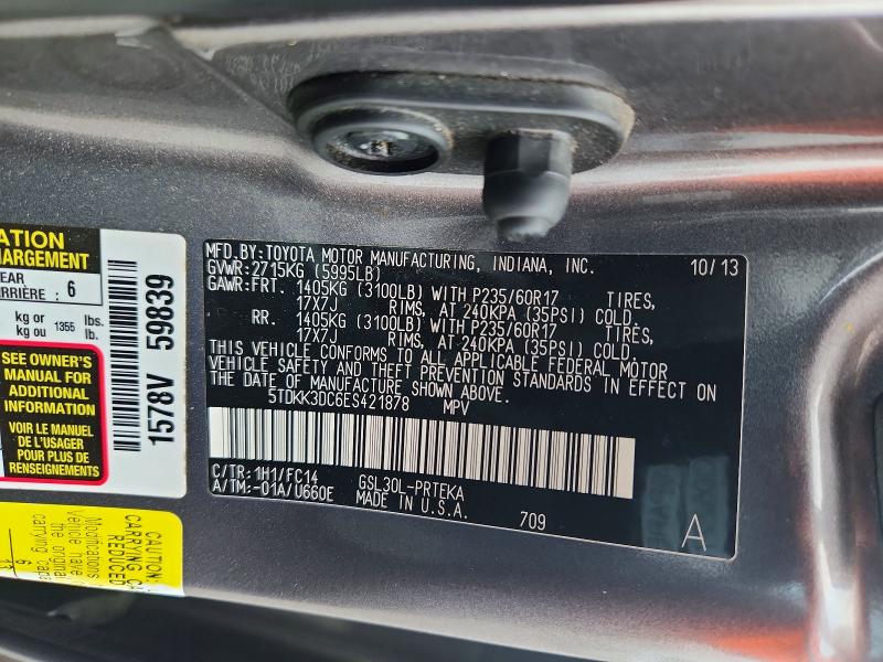 62760856 :رقم المزاد ، 5TDKK3DC6ES421878 vin ، 2014 Toyota Sienna مزاد بيع