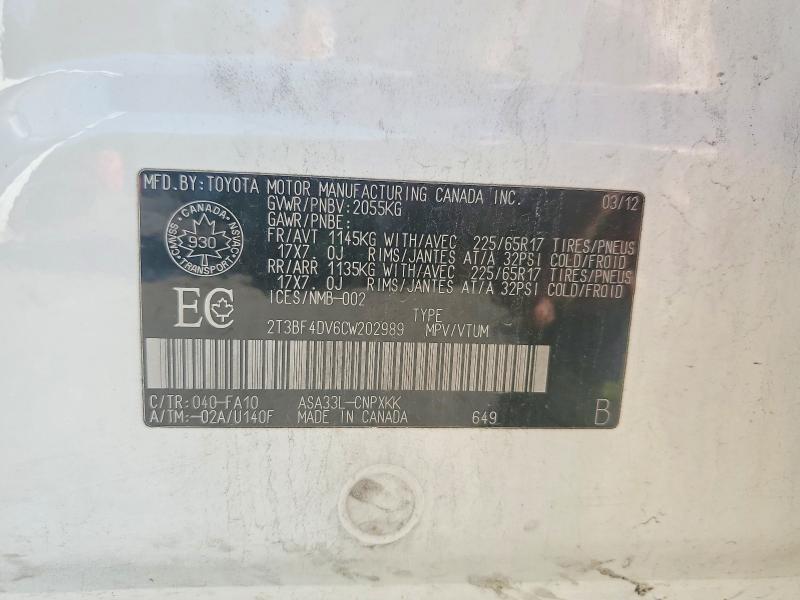 60961616 :رقم المزاد ، 2T3BF4DV6CW202989 vin ، 2012 Toyota Rav4 مزاد بيع