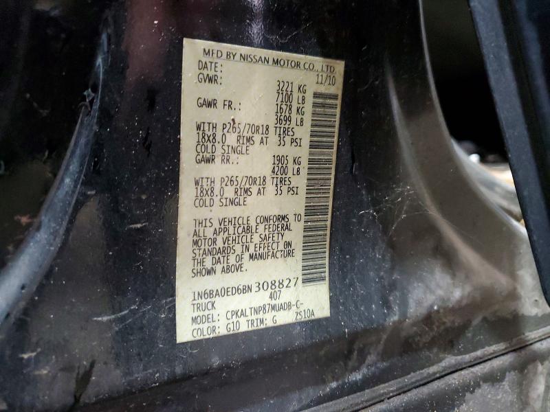 2011 Nissan Titan მანქანა იყიდება აუქციონზე, vin: 1N6BA0ED6BN308827, აუქციონის ნომერი: 60466546