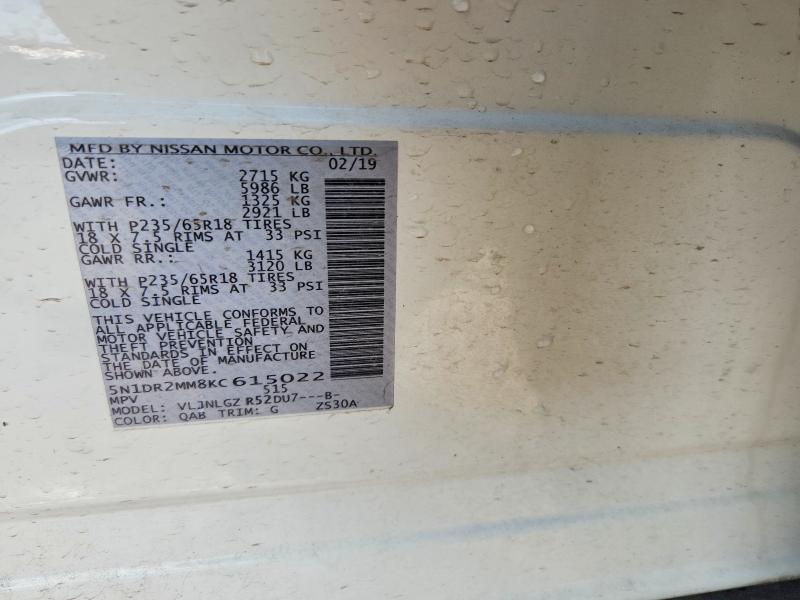 Продаж на аукціоні авто 2019 Nissan Pathfinder, vin: 5N1DR2MM8KC615022, номер лоту: 60093536