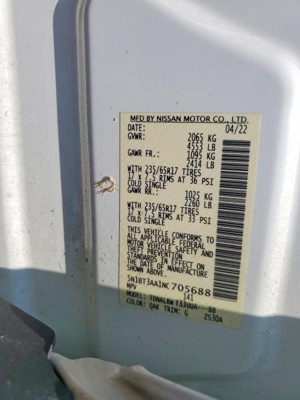 62086316 :رقم المزاد ، 5N1BT3AA1NC705688 vin ، 2022 Nissan Rogue مزاد بيع