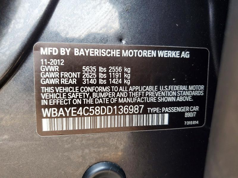 Продаж на аукціоні авто 2013 Bmw 740, vin: WBAYE4C58DD136987, номер лоту: 60711236