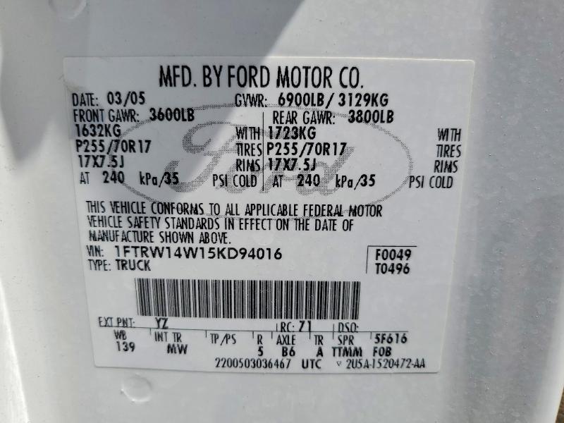 2005 Ford F150 მანქანა იყიდება აუქციონზე, vin: 1FTRW14W15KD94016, აუქციონის ნომერი: 61612556