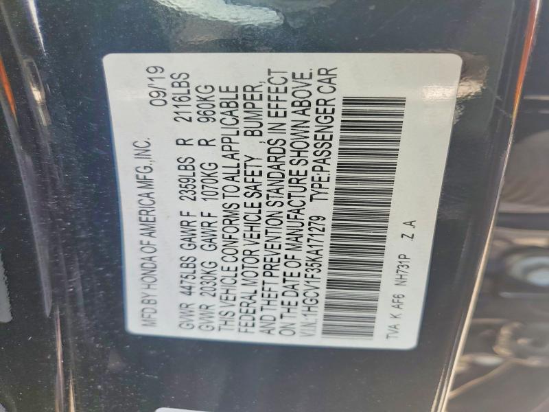 2019 Honda Accord მანქანა იყიდება აუქციონზე, vin: 1HGCV1F35KA171279, აუქციონის ნომერი: 59685476