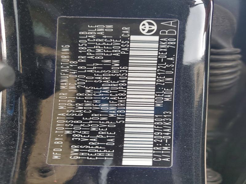 2018 Toyota Corolla მანქანა იყიდება აუქციონზე, vin: 5YFBURHE8JP840536, აუქციონის ნომერი: 61949436