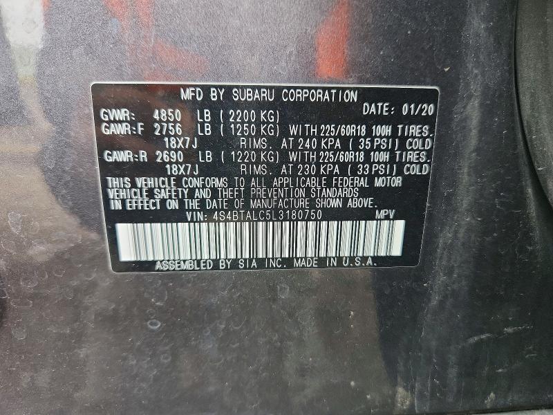 2020 Subaru Outback მანქანა იყიდება აუქციონზე, vin: 4S4BTALC5L3180750, აუქციონის ნომერი: 61719436