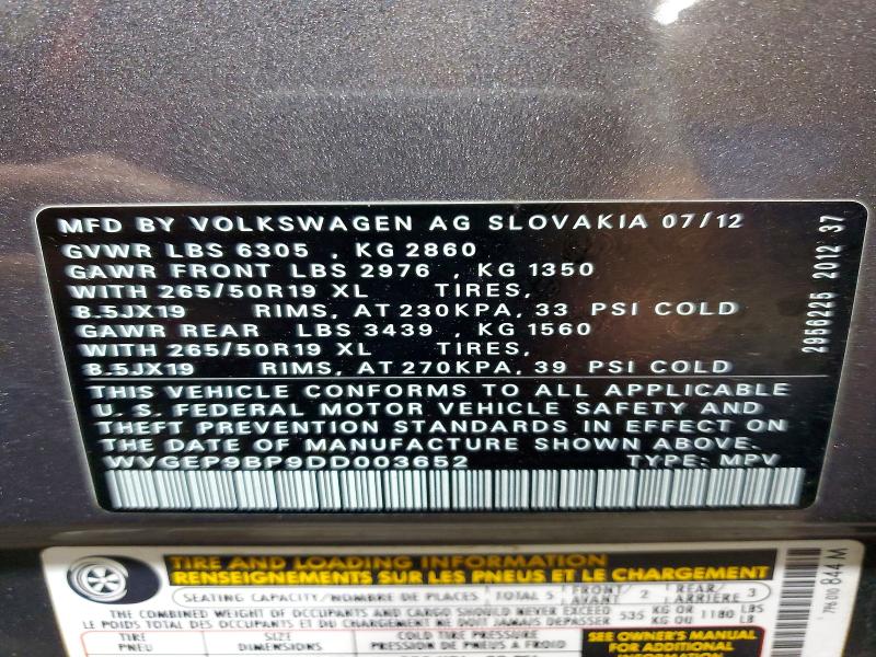Aukcja sprzedaży 2013 Volkswagen Touareg, vin: WVGEP9BP9DD003652, numer aukcji: 59900736