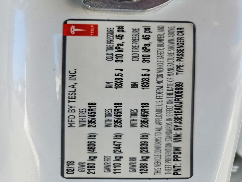 Продажа на аукционе авто 2018 Tesla Model 3, vin: 5YJ3E1EA0JF005689, номер лота: 59388106