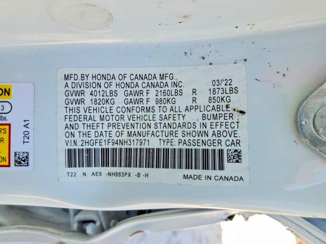 Продаж на аукціоні авто 2022 Honda Civic, vin: 2HGFE1F94NH317971, номер лоту: 61942086