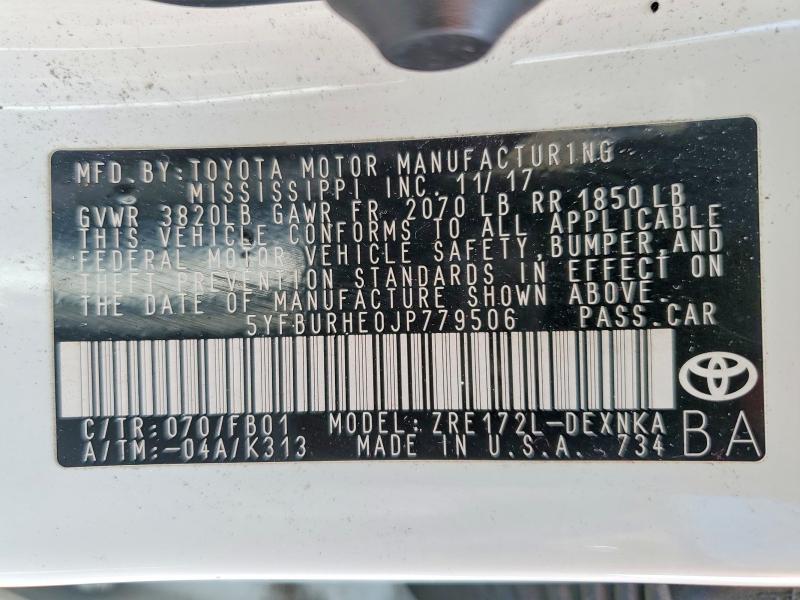 2018 Toyota Corolla მანქანა იყიდება აუქციონზე, vin: 5YFBURHE0JP779506, აუქციონის ნომერი: 62684316