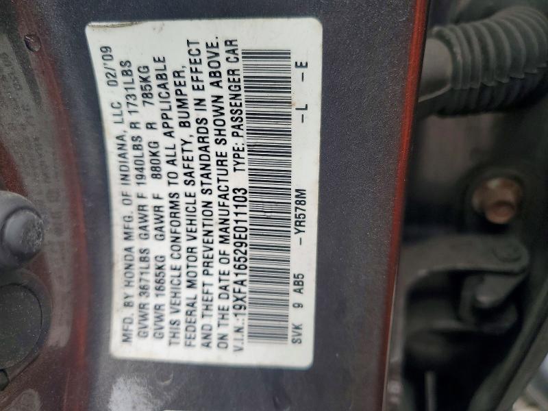 62925016 :رقم المزاد ، 19XFA16529E011103 vin ، 2009 Honda Civic مزاد بيع