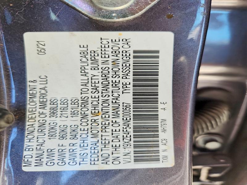 62129796 :رقم المزاد ، 19XZE4F54NE000567 vin ، 2022 Honda Insight مزاد بيع