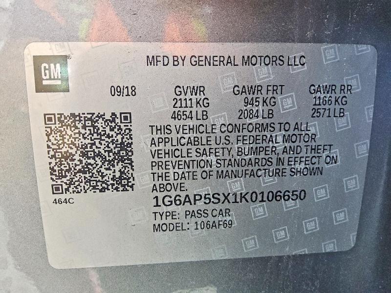 Продаж на аукціоні авто 2019 Cadillac Cts, vin: 1G6AP5SX1K0106650, номер лоту: 61610236