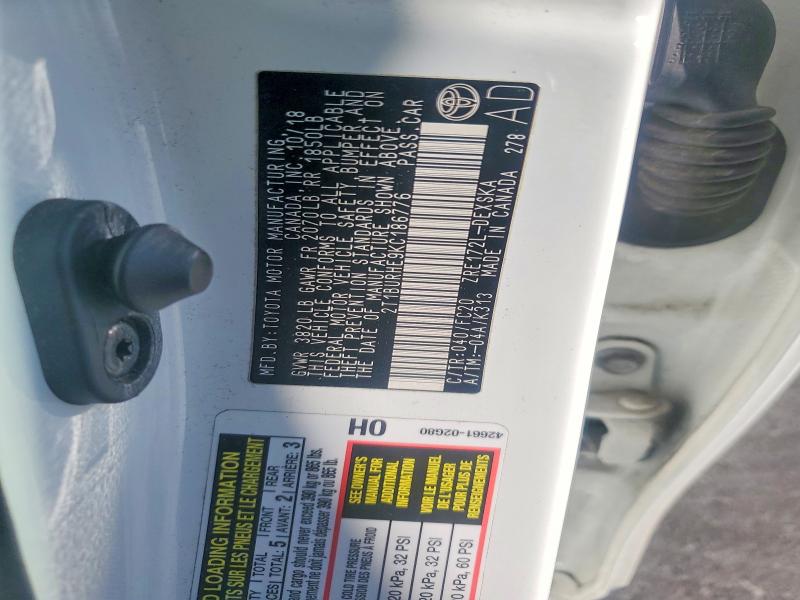 Продаж на аукціоні авто 2019 Toyota Corolla, vin: 2T1BURHE9KC186776, номер лоту: 62846996