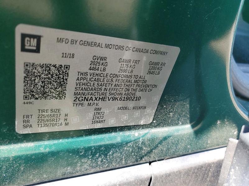 Aukcja sprzedaży 2019 Chevrolet Equinox, vin: 2GNAXHEV9K6190210, numer aukcji: 60475856