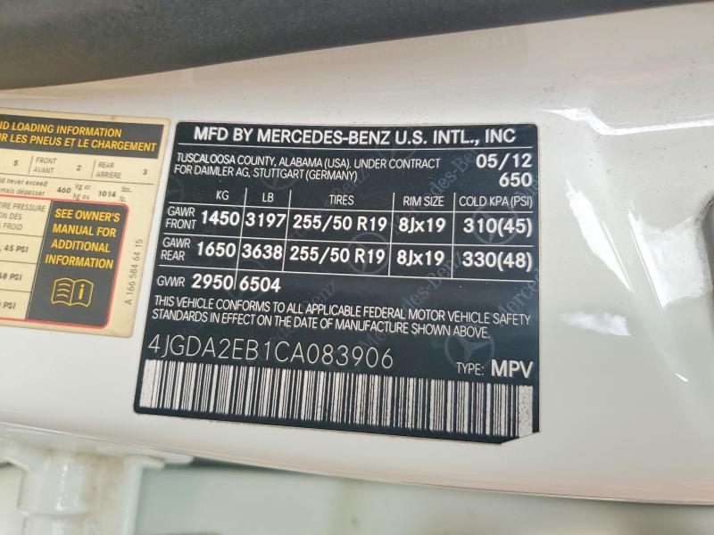 2012 Mercedes-benz Ml მანქანა იყიდება აუქციონზე, vin: 4JGDA2EB1CA083906, აუქციონის ნომერი: 61760506