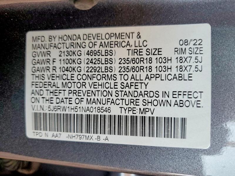 2022 Honda Cr-v მანქანა იყიდება აუქციონზე, vin: 5J6RW1H51NA018546, აუქციონის ნომერი: 59907836