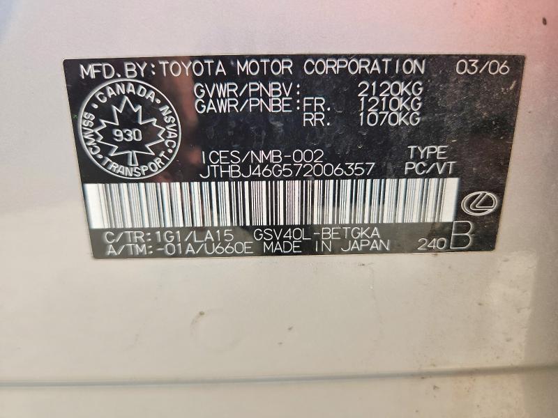 Aukcja sprzedaży 2007 Lexus Es, vin: JTHBJ46G572006357, numer aukcji: 59406266