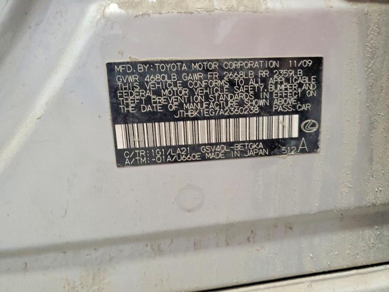 Продажа на аукционе авто 2010 Lexus Es, vin: JTHBK1EG7A2360238, номер лота: 60451266