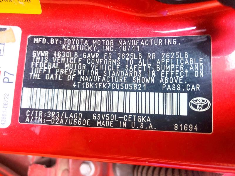 Продажа на аукционе авто 2012 Toyota Camry, vin: 4T1BK1FK7CU505821, номер лота: 61428736