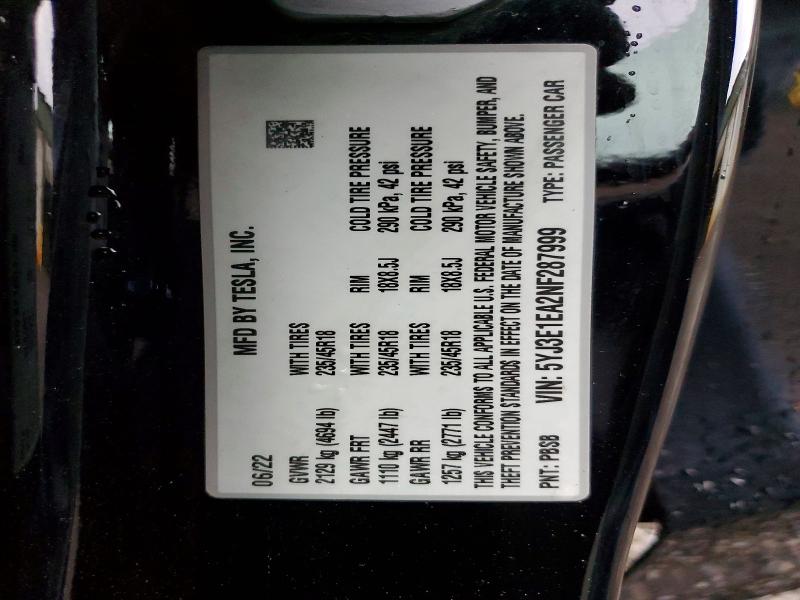 60221656 :رقم المزاد ، 5YJ3E1EA2NF287999 vin ، 2022 Tesla Model 3 مزاد بيع