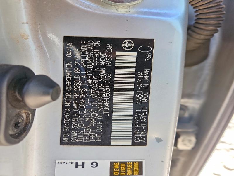 60816696 :رقم المزاد ، JTDKARFU5G3017132 vin ، 2016 Toyota Prius مزاد بيع