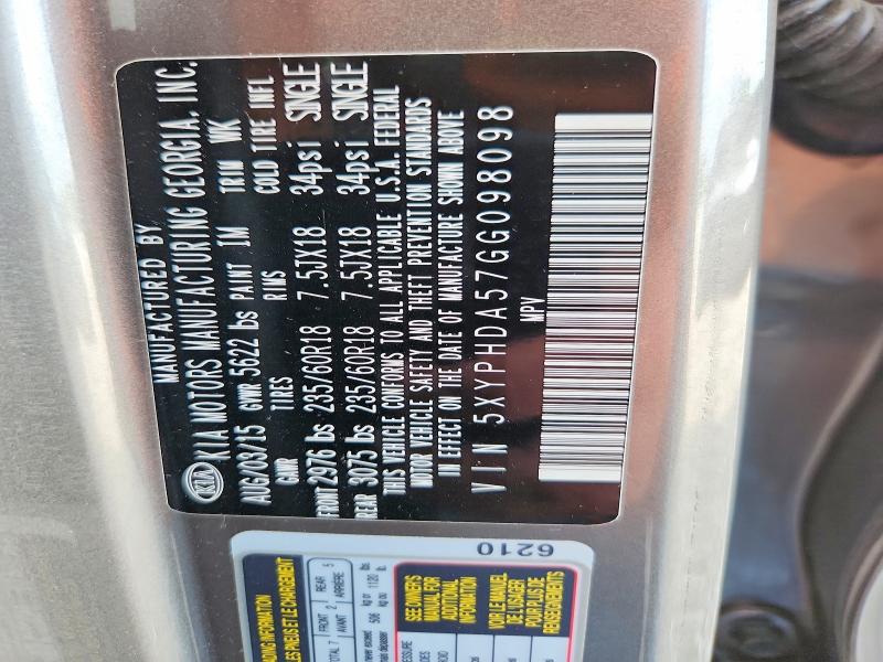 61732326 :رقم المزاد ، 5XYPHDA57GG098098 vin ، 2016 Kia Sorento مزاد بيع
