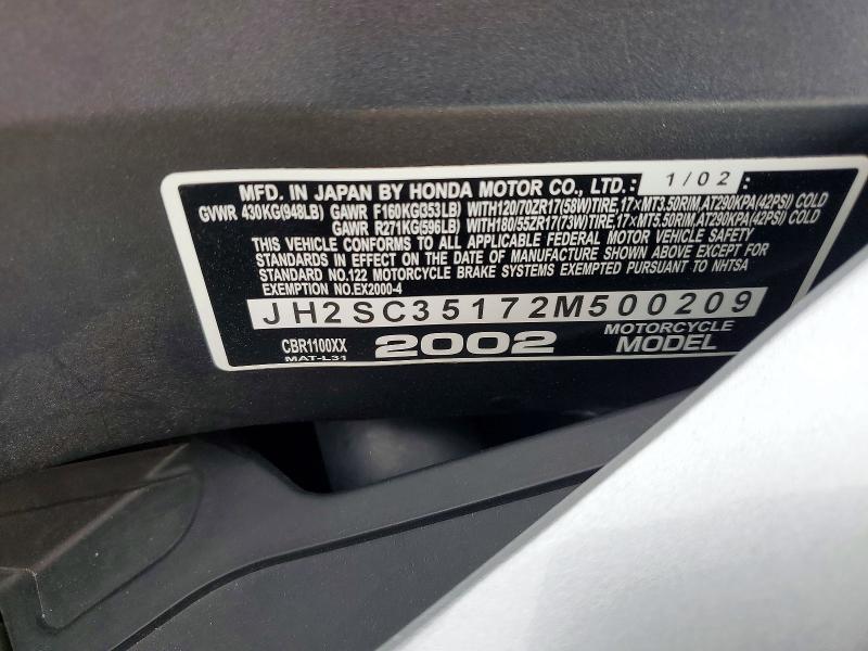 Продажа на аукционе авто 2002 Honda Cbr1100, vin: JH2SC35172M500209, номер лота: 61779046