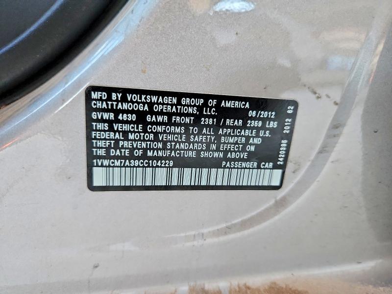 Aukcja sprzedaży 2012 Volkswagen Passat, vin: 1VWCM7A39CC104229, numer aukcji: 62412716