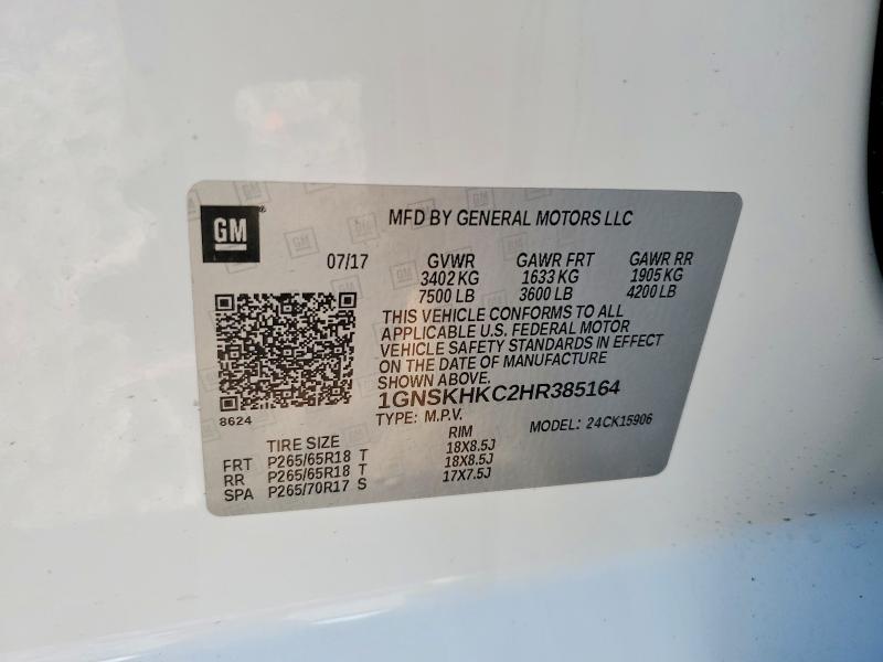 2017 Chevrolet Suburban მანქანა იყიდება აუქციონზე, vin: 1GNSKHKC2HR385164, აუქციონის ნომერი: 60189156