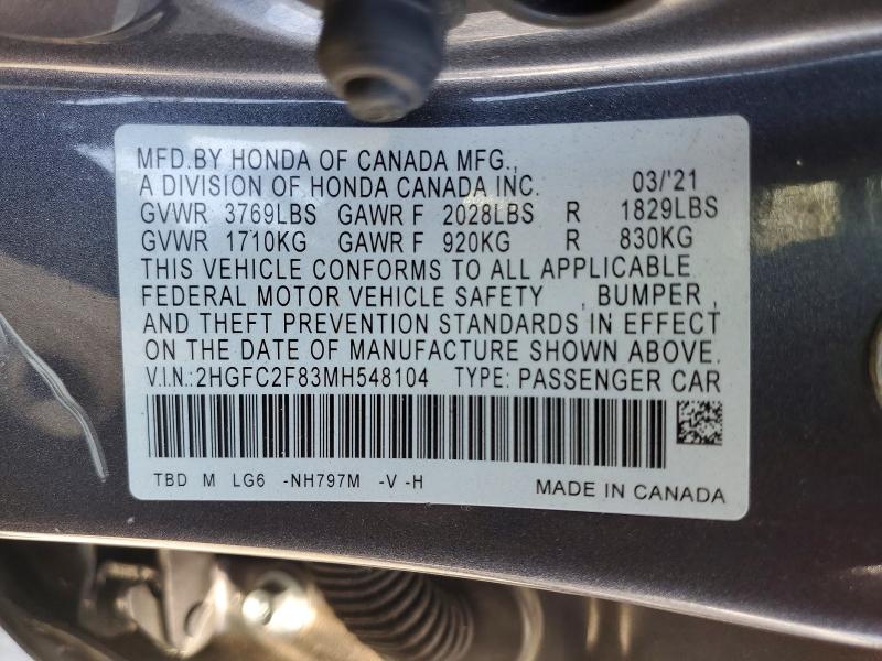 Продажа на аукционе авто 2021 Honda Civic, vin: 2HGFC2F83MH548104, номер лота: 62141236