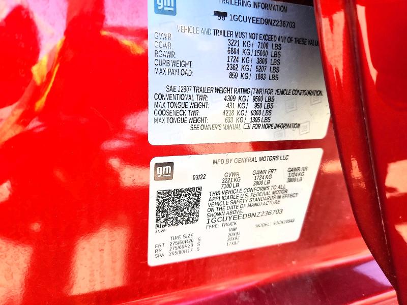 Aukcja sprzedaży 2022 Chevrolet Silverado Ltd, vin: 1GCUYEED9NZ236703, numer aukcji: 62428336