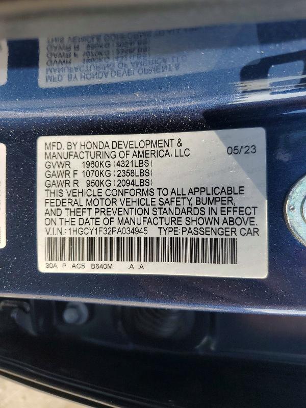 60613216 :رقم المزاد ، 1HGCY1F32PA034945 vin ، 2023 Honda Accord مزاد بيع