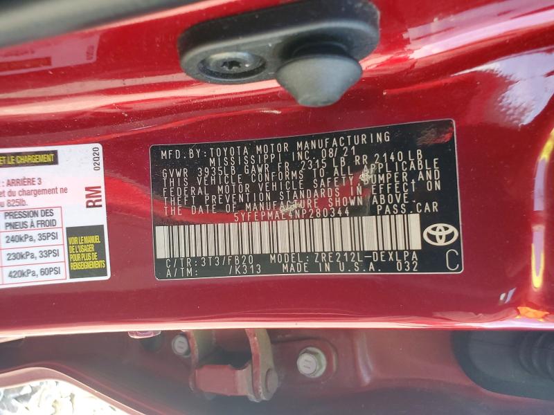 Продаж на аукціоні авто 2022 Toyota Corolla, vin: 5YFEPMAE4NP280344, номер лоту: 61442386