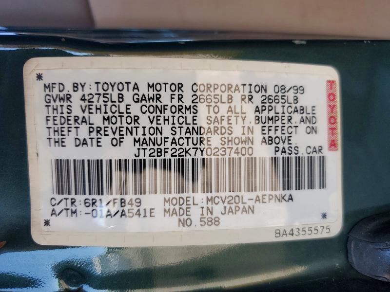 60417036 :رقم المزاد ، JT2BF22K7Y0237400 vin ، 2000 Toyota Camry مزاد بيع