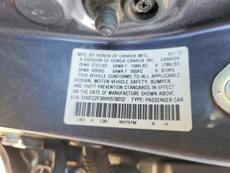 Продаж на аукціоні авто 2017 Honda Civic, vin: 2HGFC2F56HH518252, номер лоту: 63177356