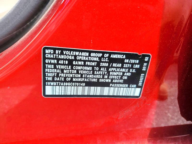 2016 Volkswagen Passat მანქანა იყიდება აუქციონზე, vin: 1VWBT7A39GC070149, აუქციონის ნომერი: 60155746