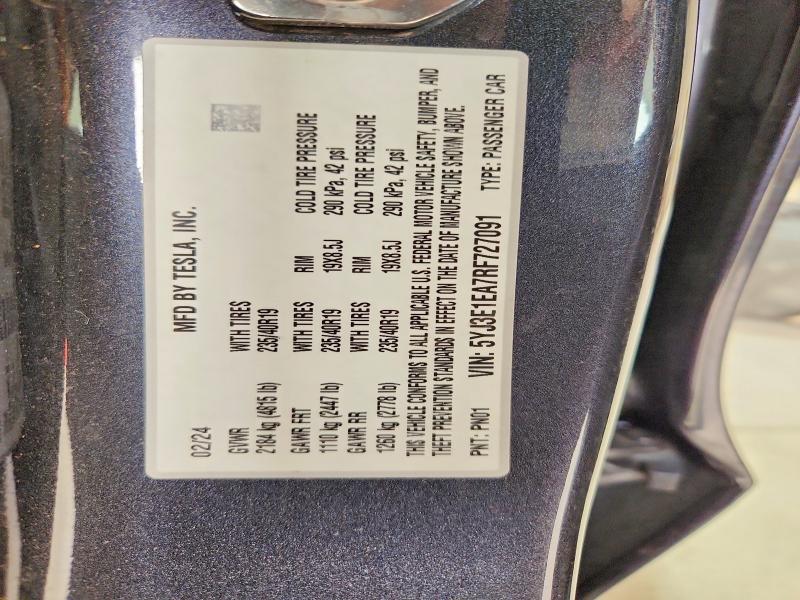 Aukcja sprzedaży 2024 Tesla Model 3, vin: 5YJ3E1EA7RF727091, numer aukcji: 61623196