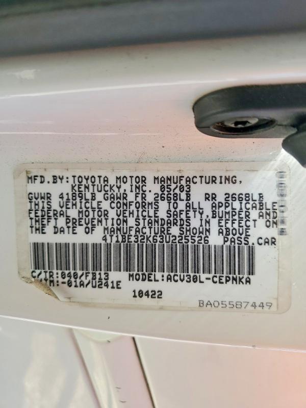 Aukcja sprzedaży 2003 Toyota Camry, vin: 4T1BE32K63U225526, numer aukcji: 59906236