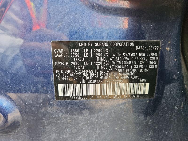 2022 Subaru Outback მანქანა იყიდება აუქციონზე, vin: 4S4BTAFC4N3216295, აუქციონის ნომერი: 60078296