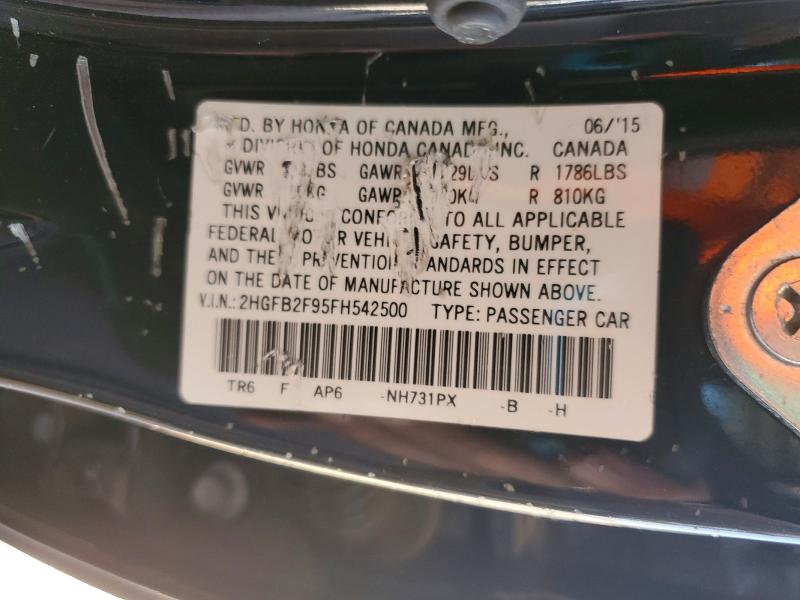59712786 :رقم المزاد ، 2HGFB2F95FH542500 vin ، 2015 Honda Civic مزاد بيع