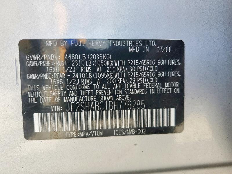 Продаж на аукціоні авто 2011 Subaru Forester, vin: JF2SHABC1BH776285, номер лоту: 60486136