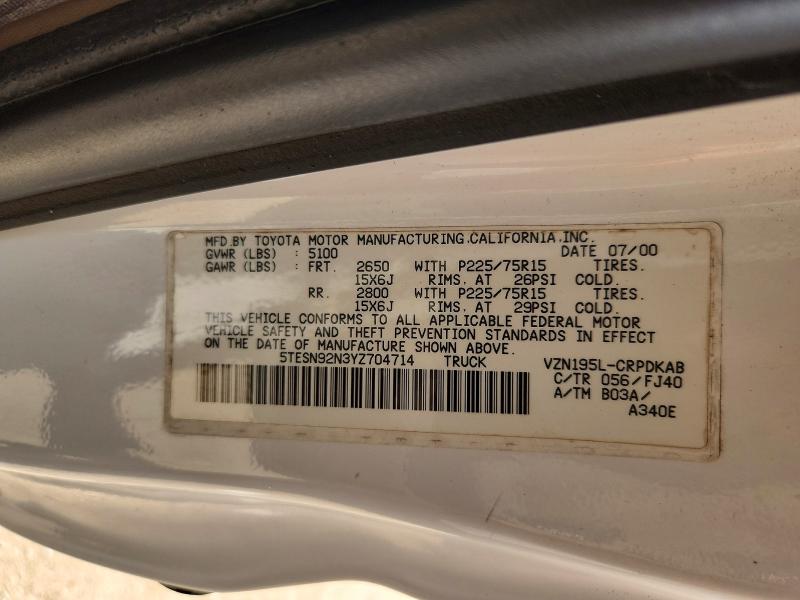 Продаж на аукціоні авто 2000 Toyota Tacoma, vin: 5TESN92N3YZ704714, номер лоту: 61903496