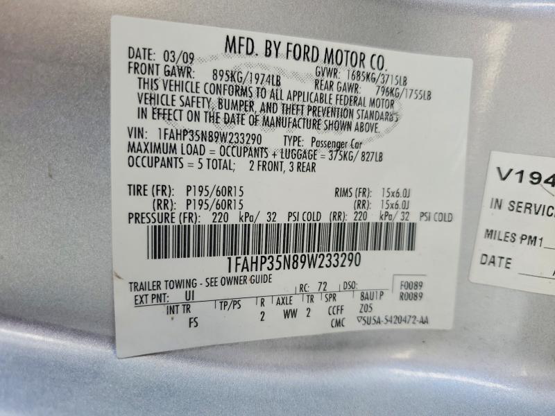 Aukcja sprzedaży 2009 Ford Focus, vin: 1FAHP35N89W233290, numer aukcji: 62506086