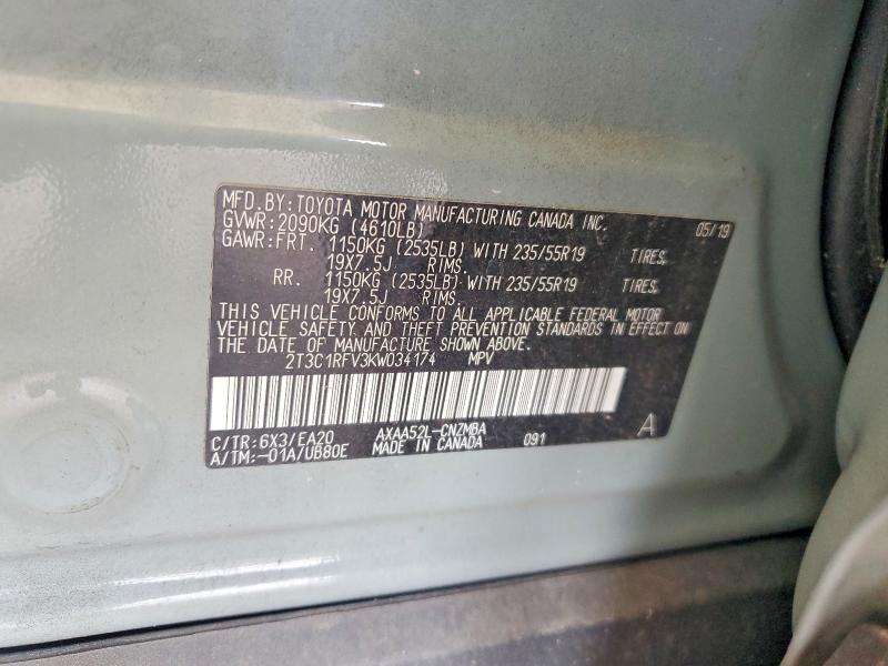 Aukcja sprzedaży 2019 Toyota Rav4, vin: 2T3C1RFV3KW034174, numer aukcji: 61681476
