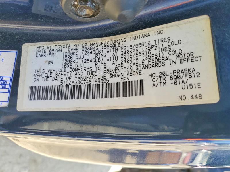 Продаж на аукціоні авто 2004 Toyota Sienna, vin: 5TDZA23C74S188895, номер лоту: 61762576