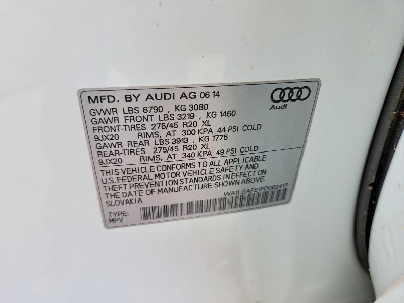 63599876 :رقم المزاد ، WA1LGAFE1FD002417 vin ، 2015 Audi Q7 مزاد بيع