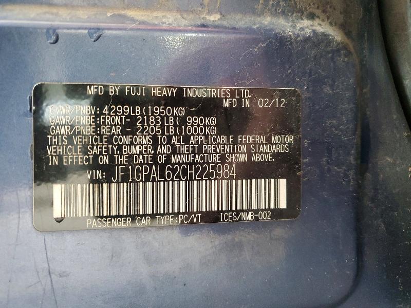 Продаж на аукціоні авто 2012 Subaru Impreza, vin: JF1GPAL62CH225984, номер лоту: 61092566